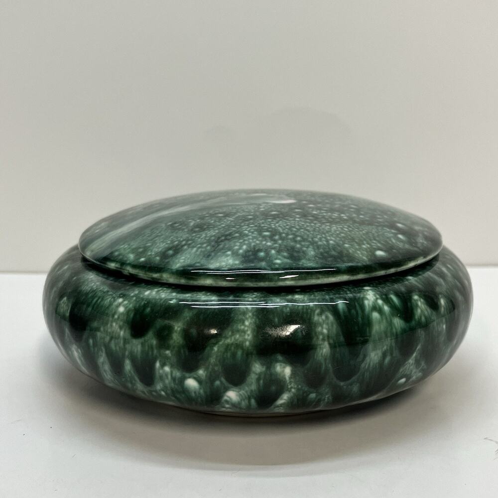 mcm pottery lidded dish marbled‎ green  round G.H Kaufman 63 trinket dish